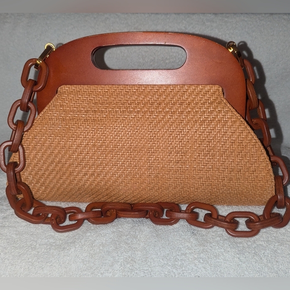 Michael Kors Handbags - Michael Kors Collection  Tan and Brown Woven Clutch with Chain Accent